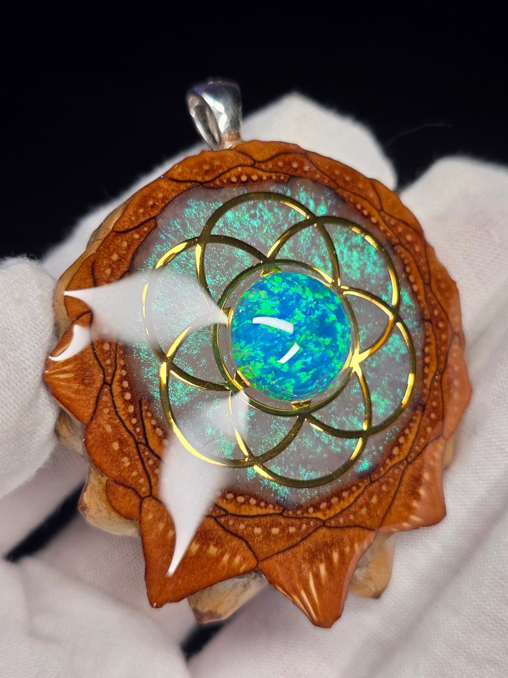 (GLOW) Large Knobcone Pinecone Seed Of Life W/ Bello Opal .925 Sterling Silver Bail.