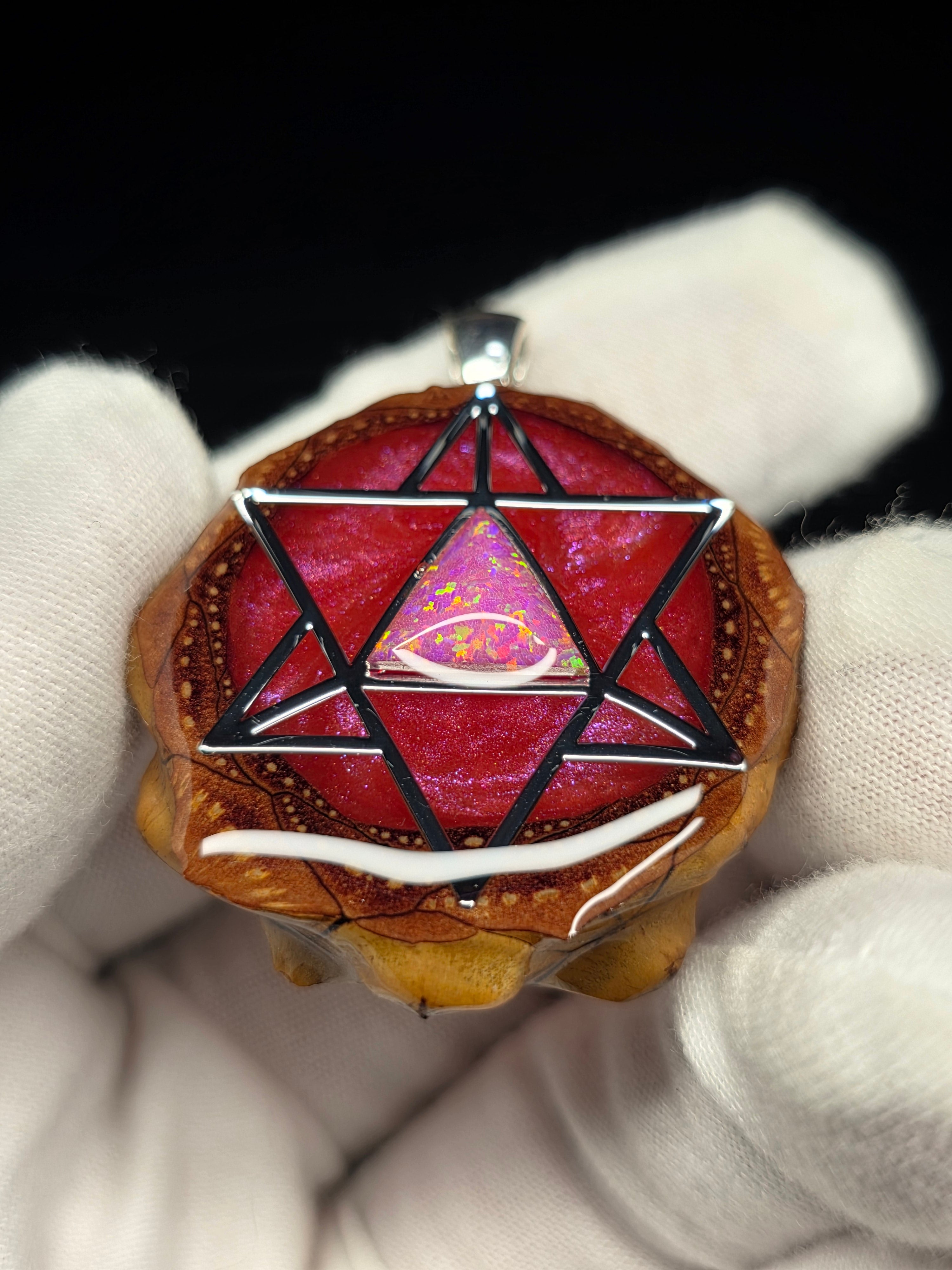 Medium Small Knobcone Pinecone Merkaba W/ Bello Opal & .925 Sterling Silver Bail