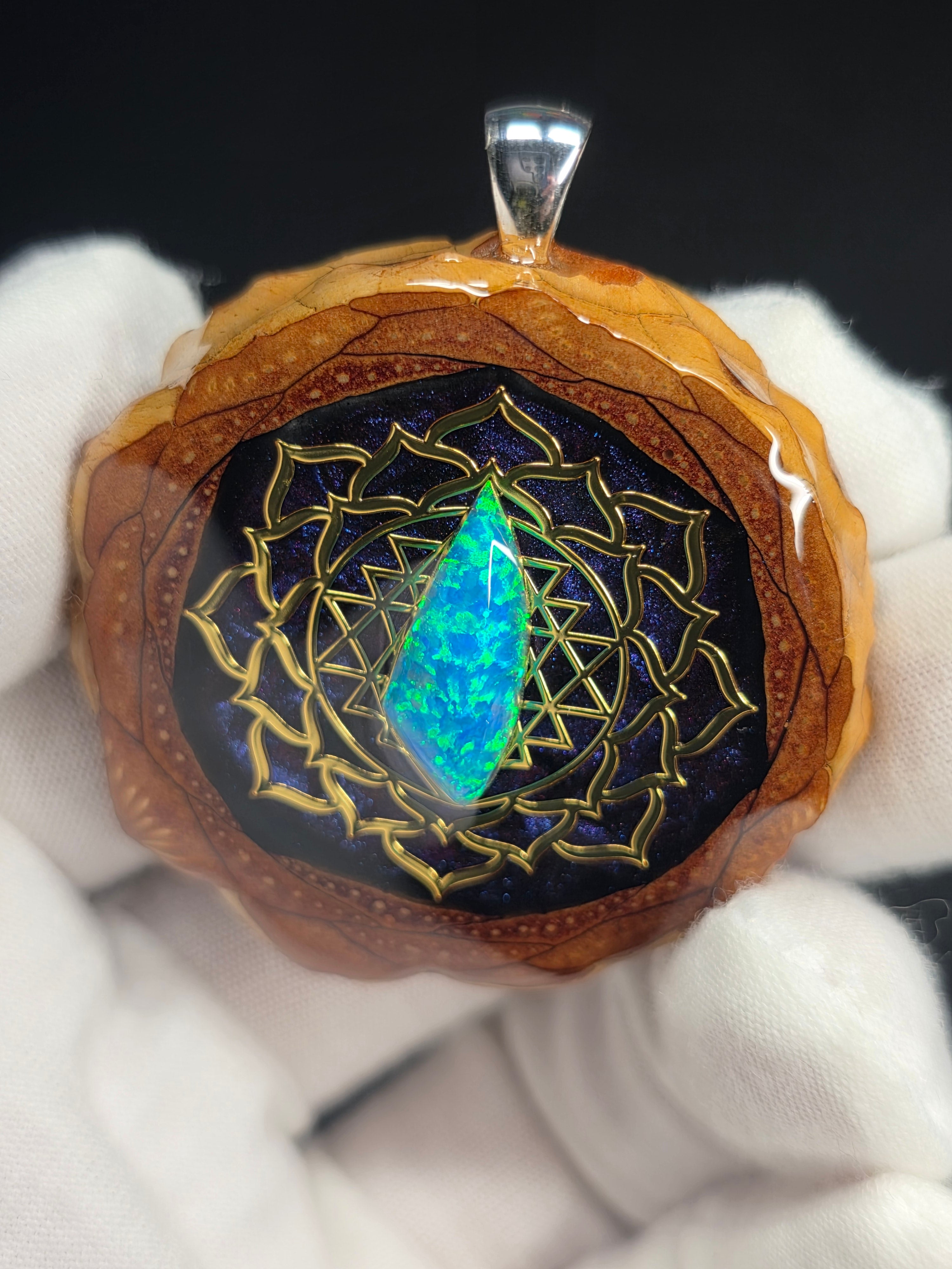 Large Knobcone Pinecone Sri Yantra Lotus W/ Bello Opal .925 Sterling Silver Bail
