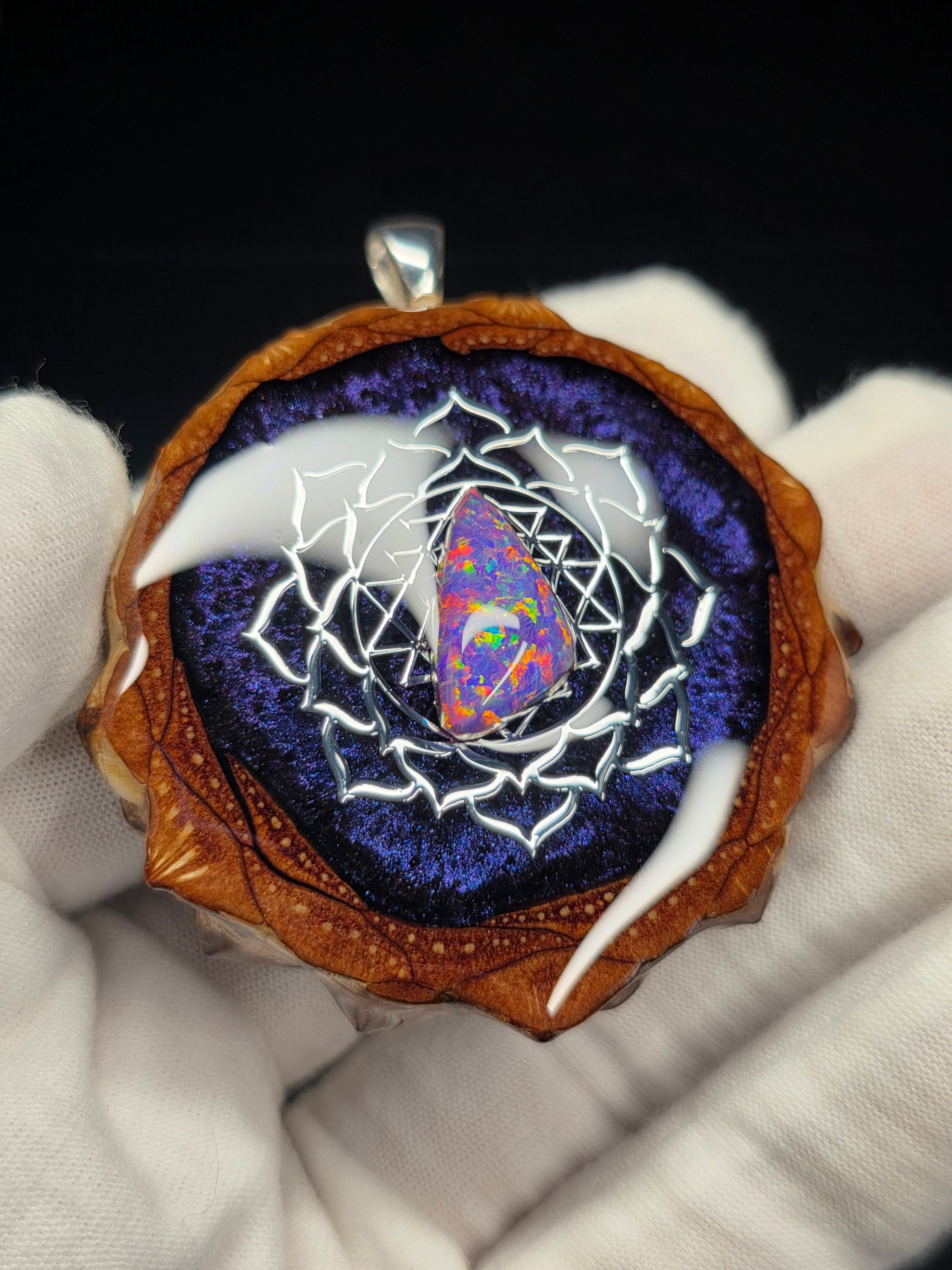Large Knobcone Pinecone Sri Yantra Lotus W/ Bello Opal .925 Sterling Silver Bail