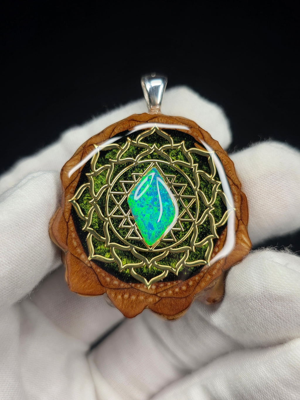Medium Knobcone Pinecone Sri Yantra Lotus W/ Bello Opal .925 Sterling Silver Bail