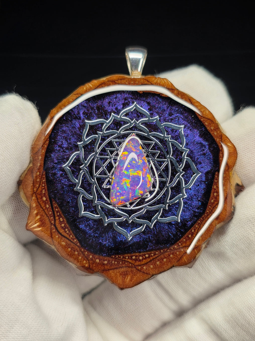 Large Knobcone Pinecone Sri Yantra Lotus W/ Bello Opal .925 Sterling Silver Bail