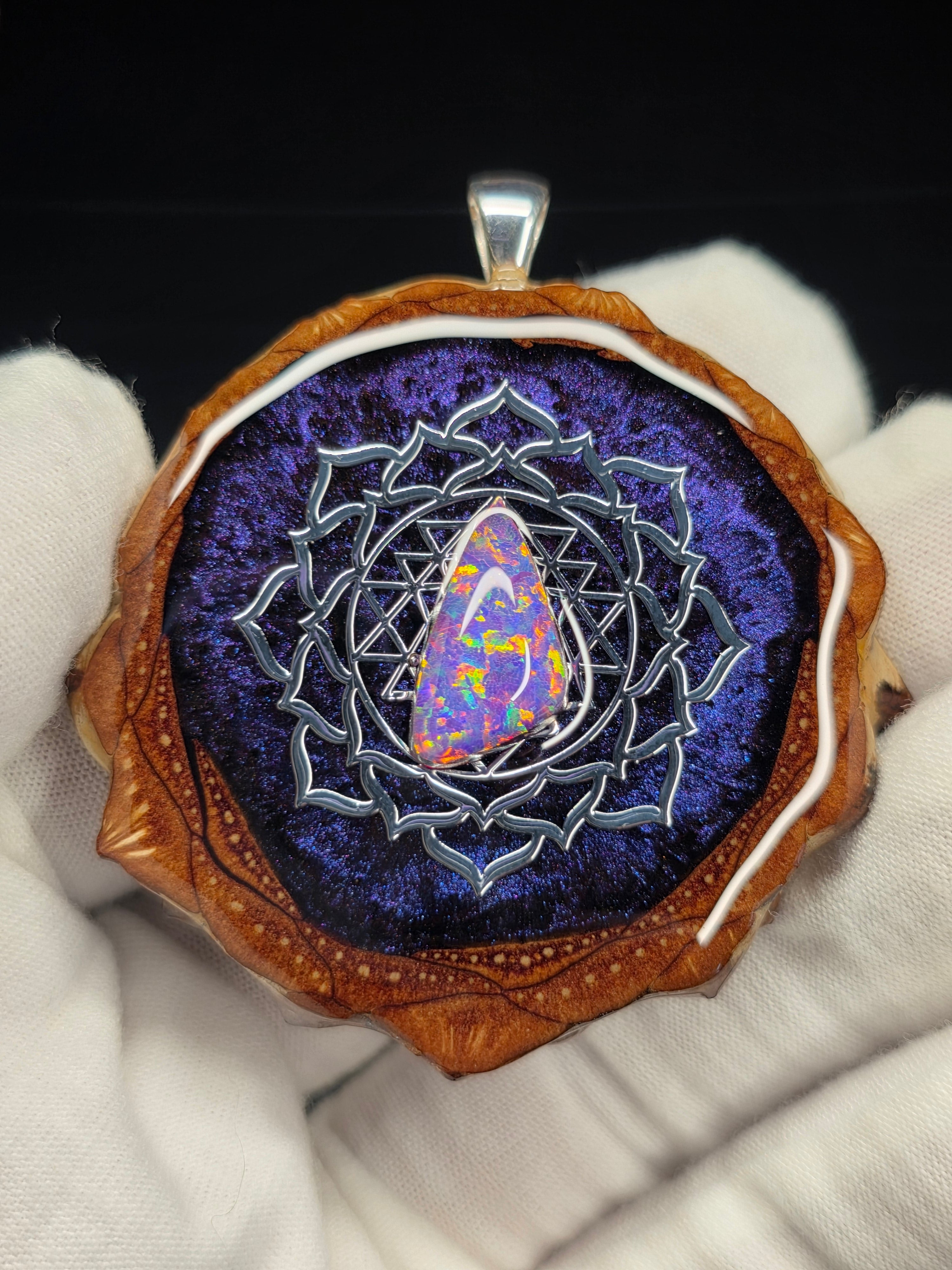Large Knobcone Pinecone Sri Yantra Lotus W/ Bello Opal .925 Sterling Silver Bail