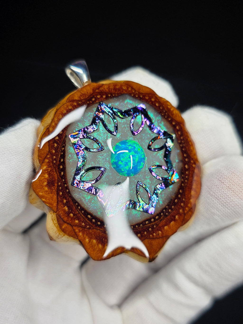 (GLOW) Large Knobcone Pinecone W/ Bello Opal .925 Sterling Silver bail