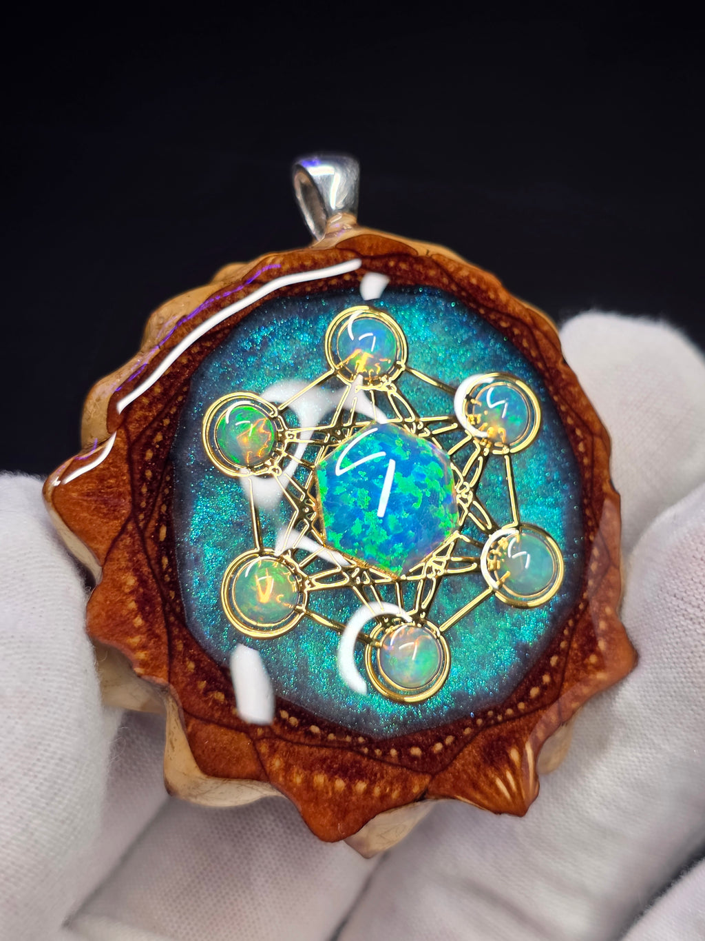 X-Large Knobcone Pinecone Metatrons Cube W/ Bello Opal hexagon/ Ethiopian Opal Accent .925 Sterling Silver Bail