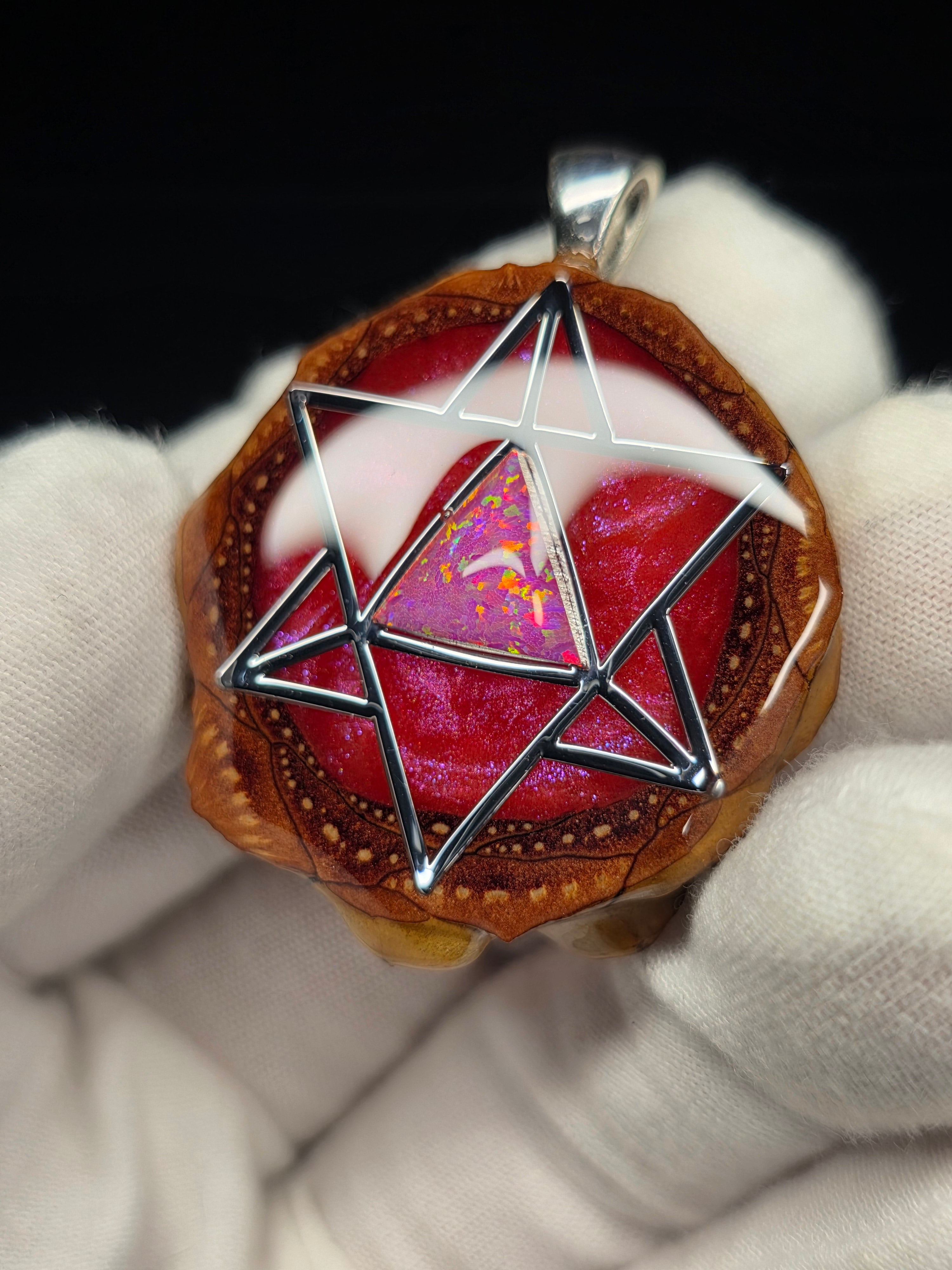 Medium Small Knobcone Pinecone Merkaba W/ Bello Opal & .925 Sterling Silver Bail