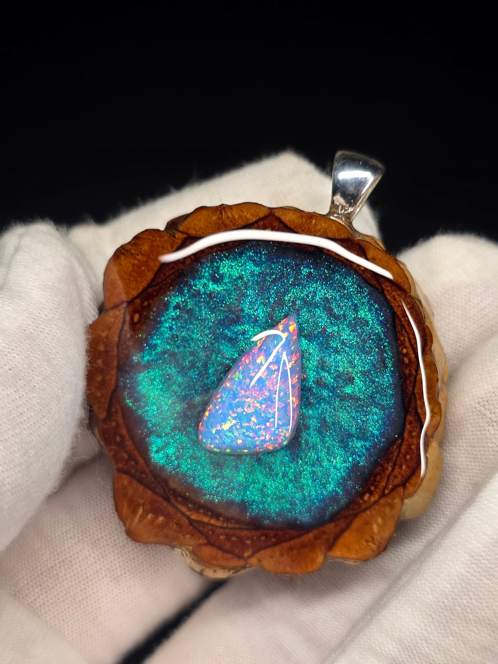 Medium Knobcone Pinecone W/ Bello Opal .925 Sterling Silver Bail