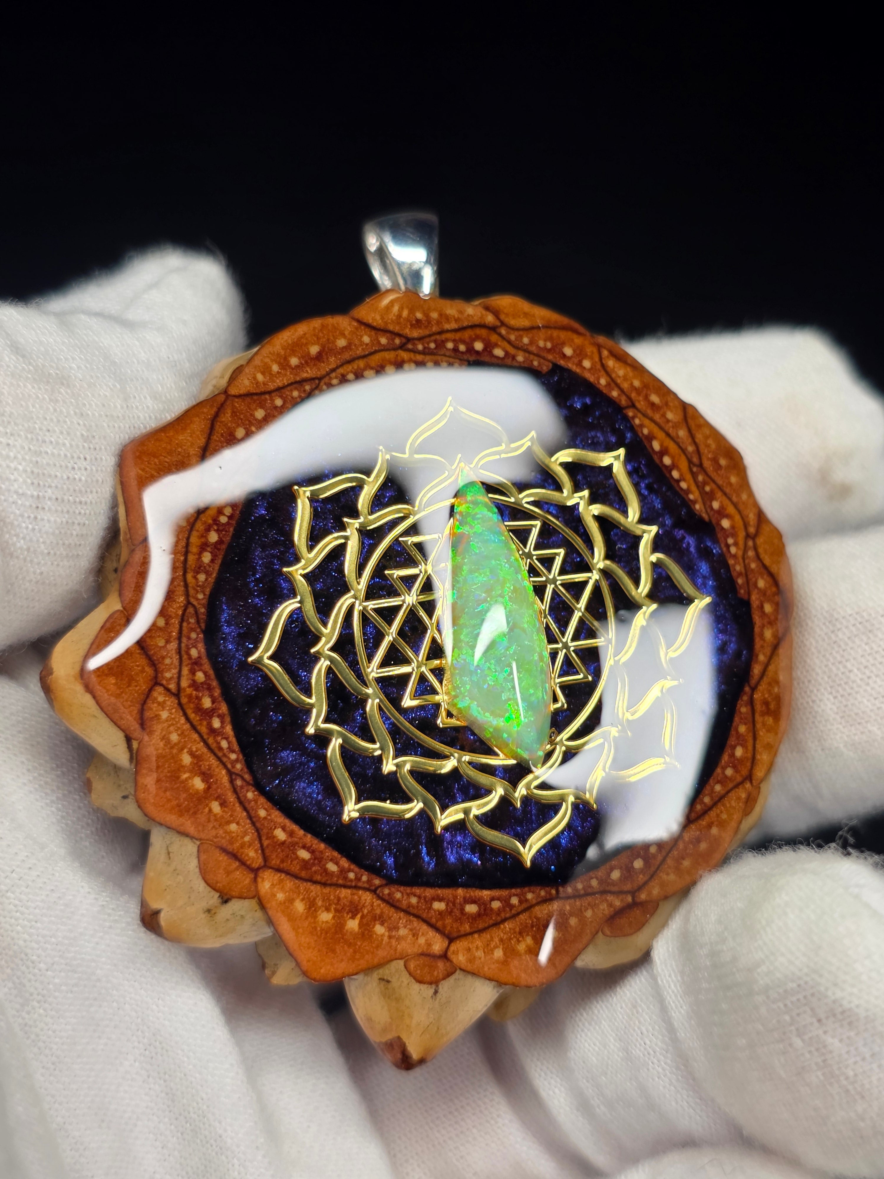 Large Knobcone Pinecone Sri Yantra Lotus  W/ Bello Opal .925 Sterling Silver Bail