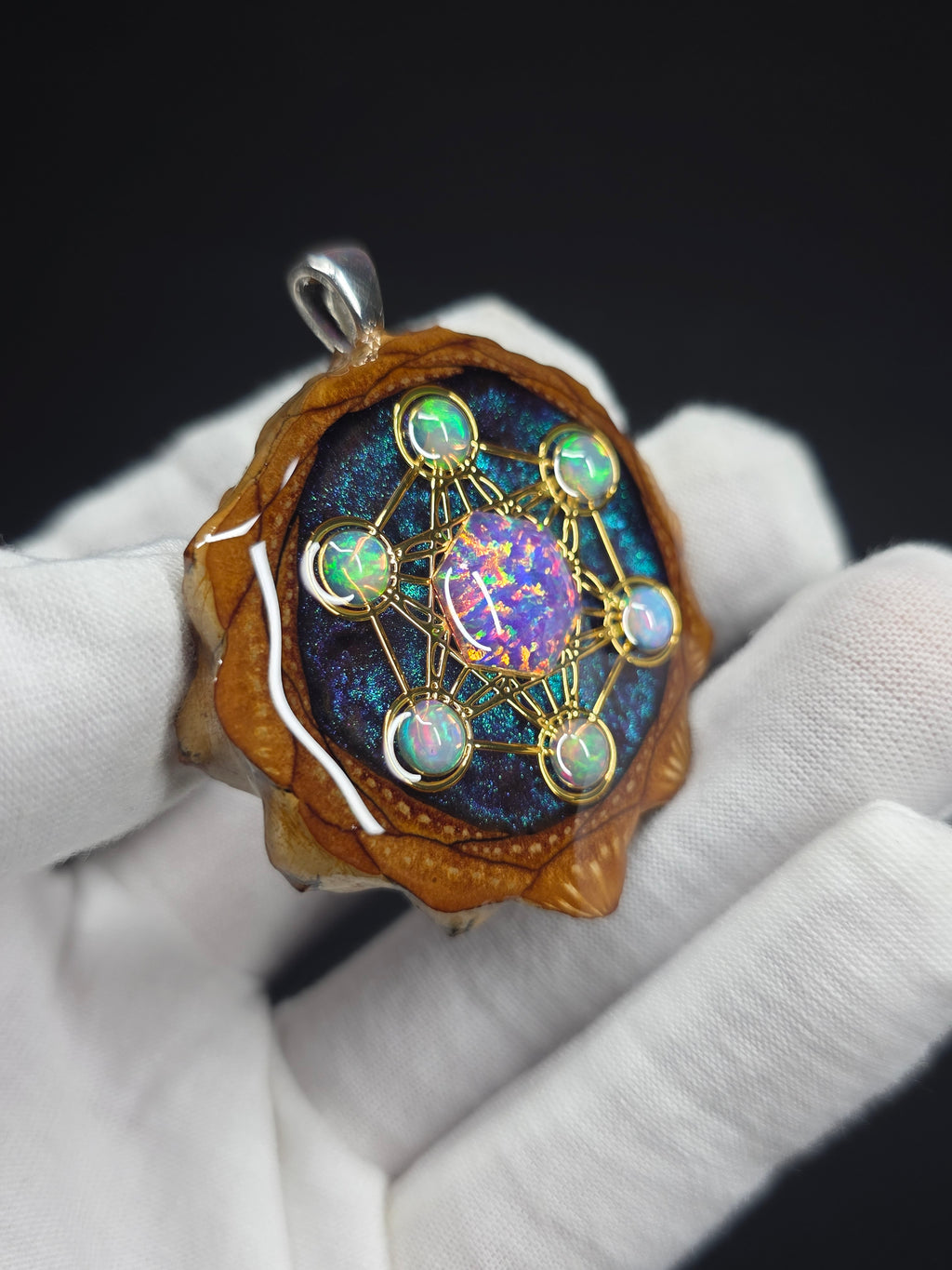 Large Knobcone Pinecone Metatrons Cube W/ Bello Opal hexagon/ Ethiopian Opal Accent .925 Sterling Silver Bail