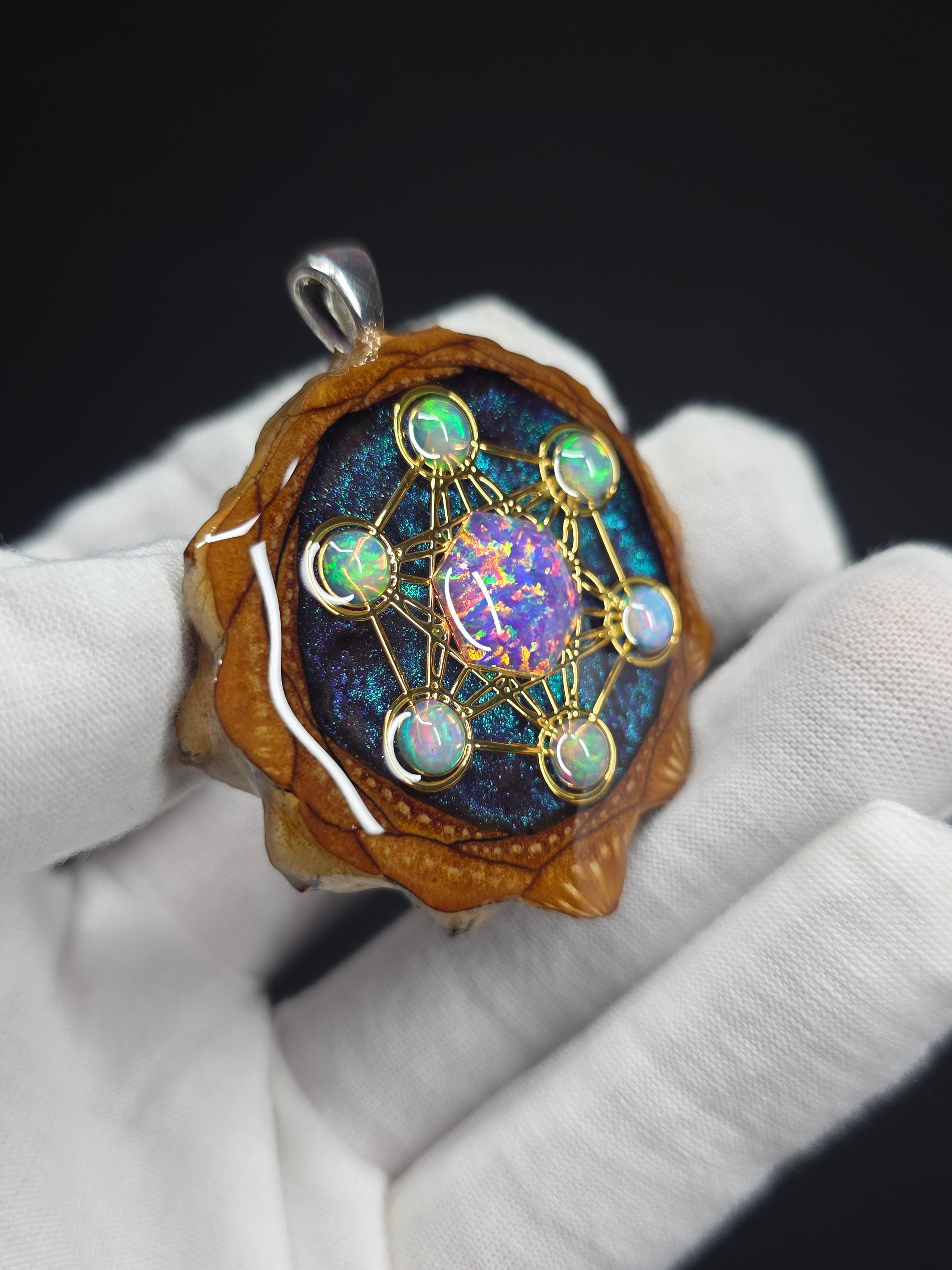 Large Knobcone Pinecone Metatrons Cube W/ Bello Opal hexagon/ Ethiopian Opal Accent .925 Sterling Silver Bail