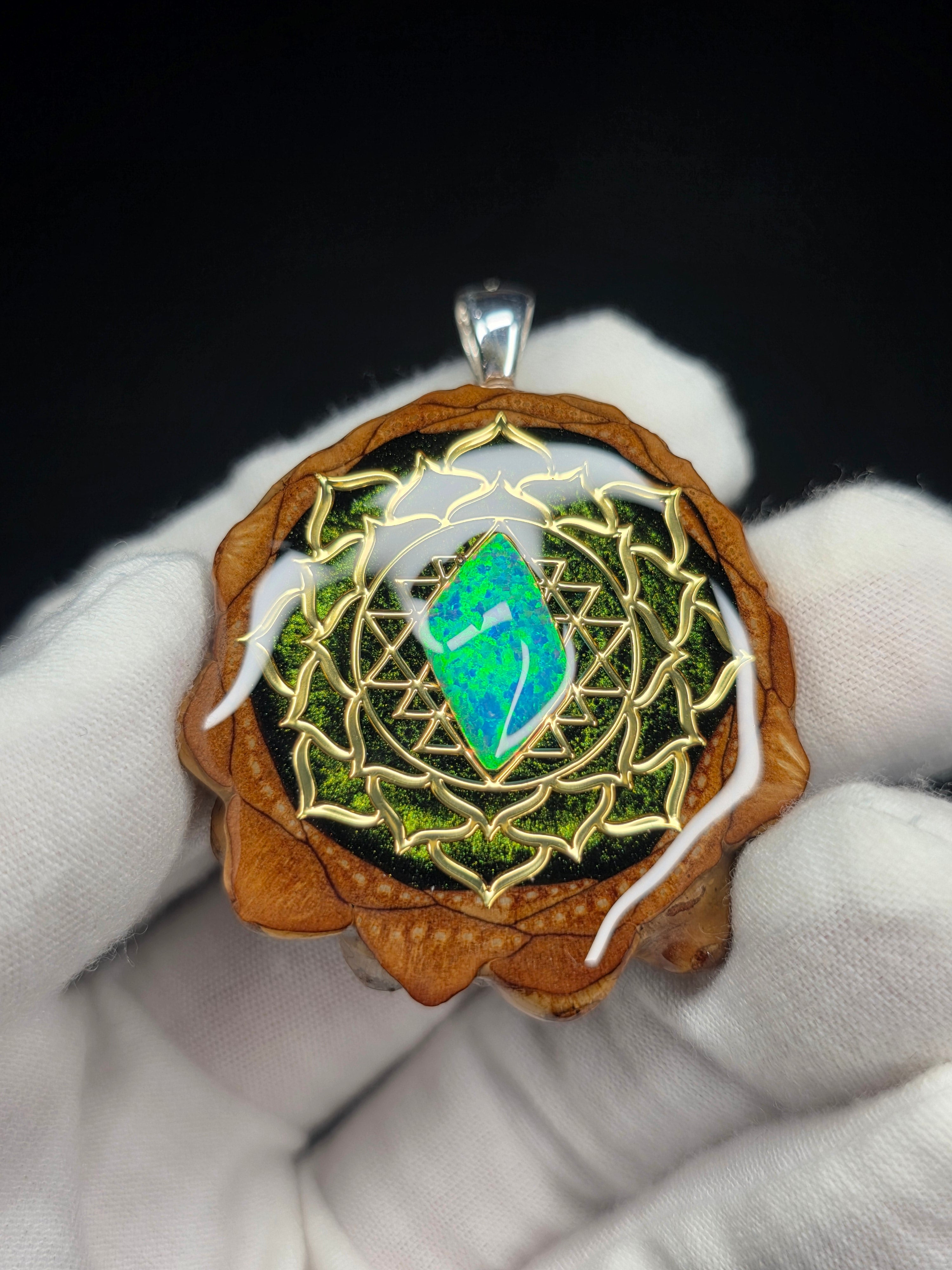 Medium Knobcone Pinecone Sri Yantra Lotus W/ Bello Opal .925 Sterling Silver Bail