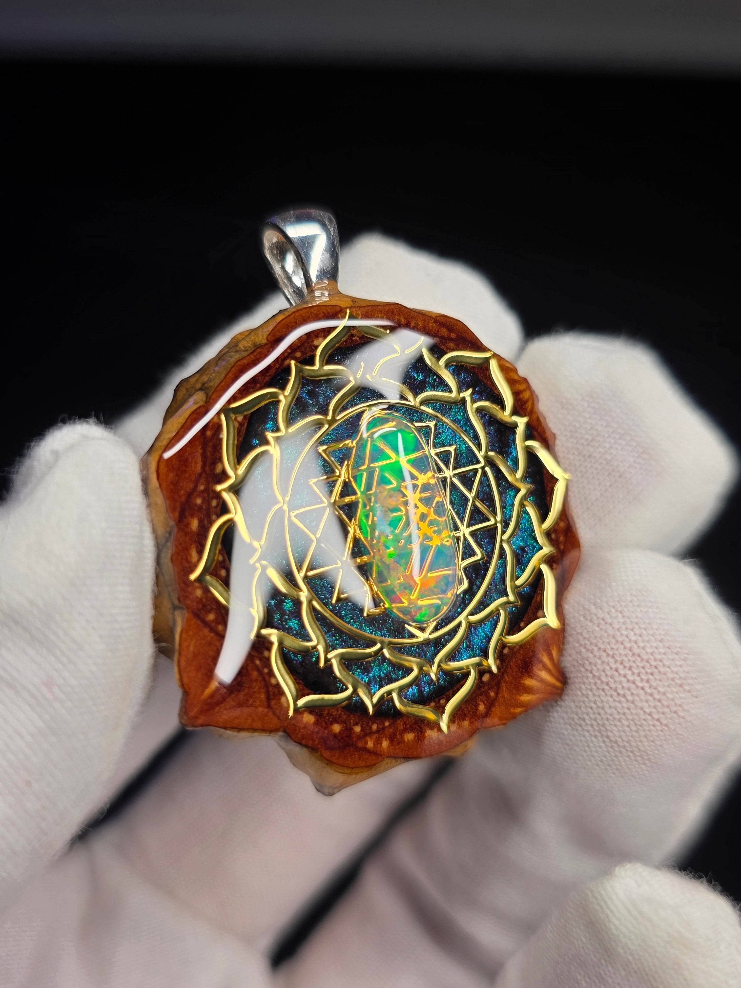 Medium Knobcone Pinecone Sri Yantra Lotus W/ Ethiopian Opal .925 Sterling Silver Bail