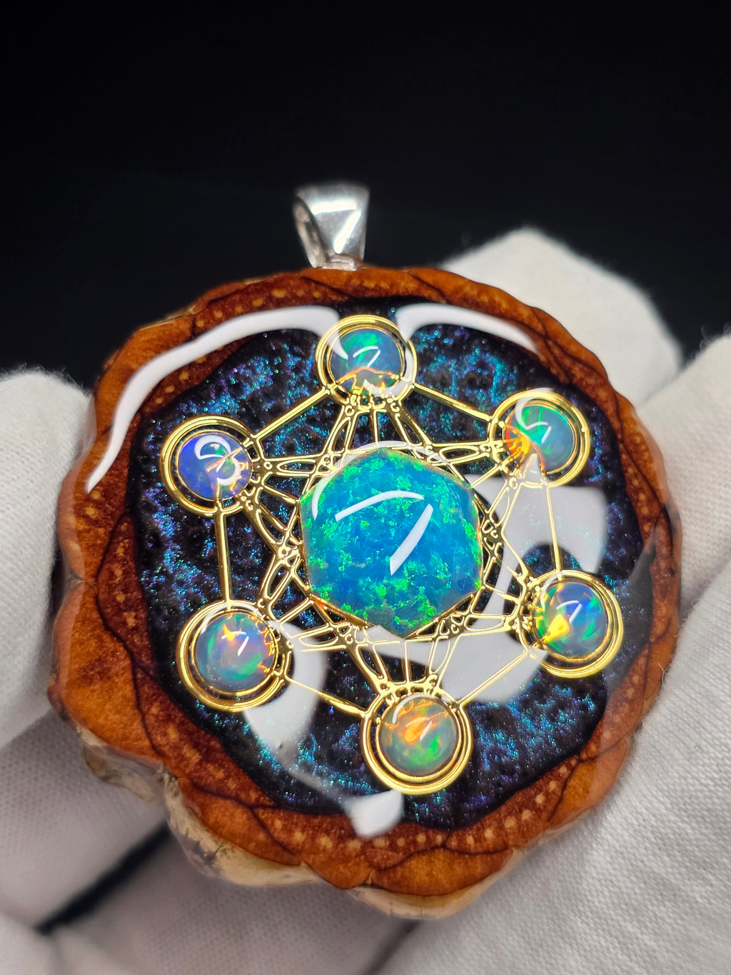 Large Knobcone Pinecone Metatrons Cube W/ Bello Opal hexagon/ Ethiopian Opal Accent .925 Sterling Silver Bail