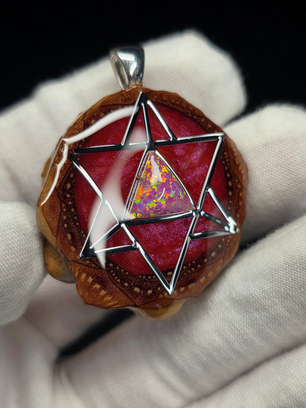 Medium Small Knobcone Pinecone Merkaba W/ Bello Opal & .925 Sterling Silver Bail