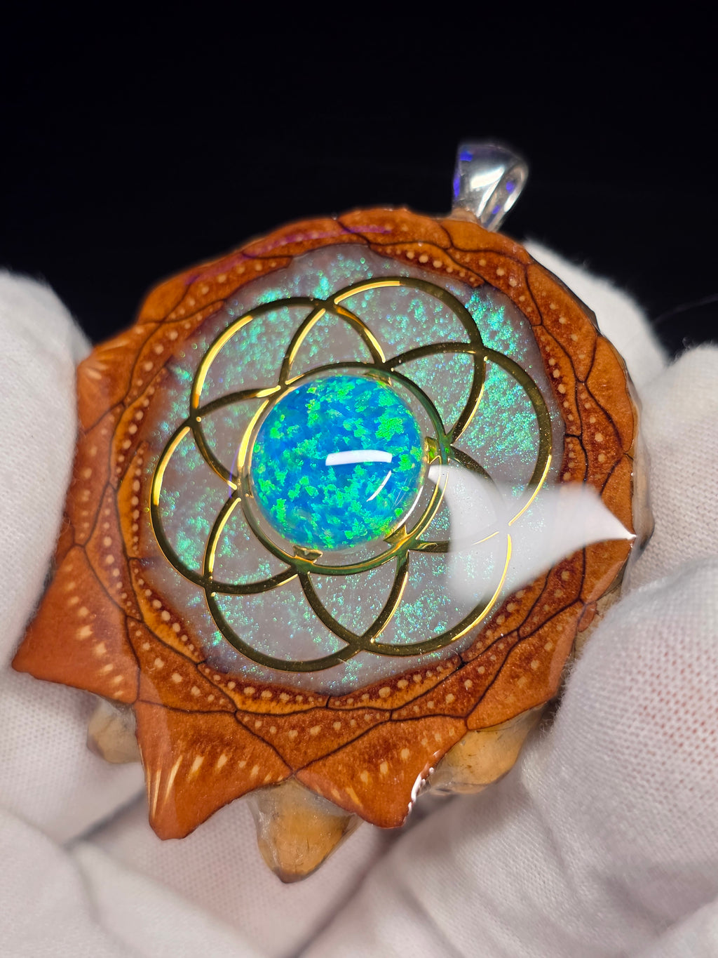 (GLOW) Large Knobcone Pinecone Seed Of Life W/ Bello Opal .925 Sterling Silver Bail.