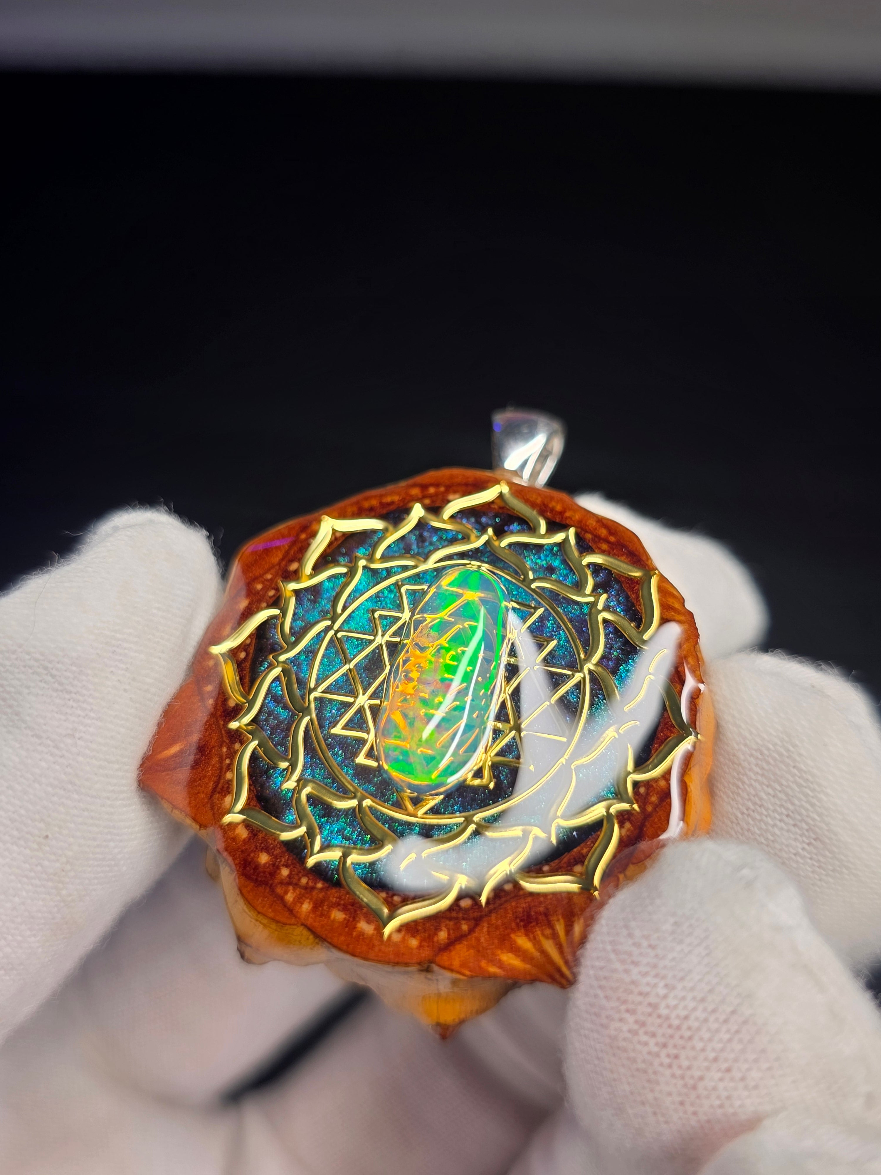 Medium Knobcone Pinecone Sri Yantra Lotus W/ Ethiopian Opal .925 Sterling Silver Bail