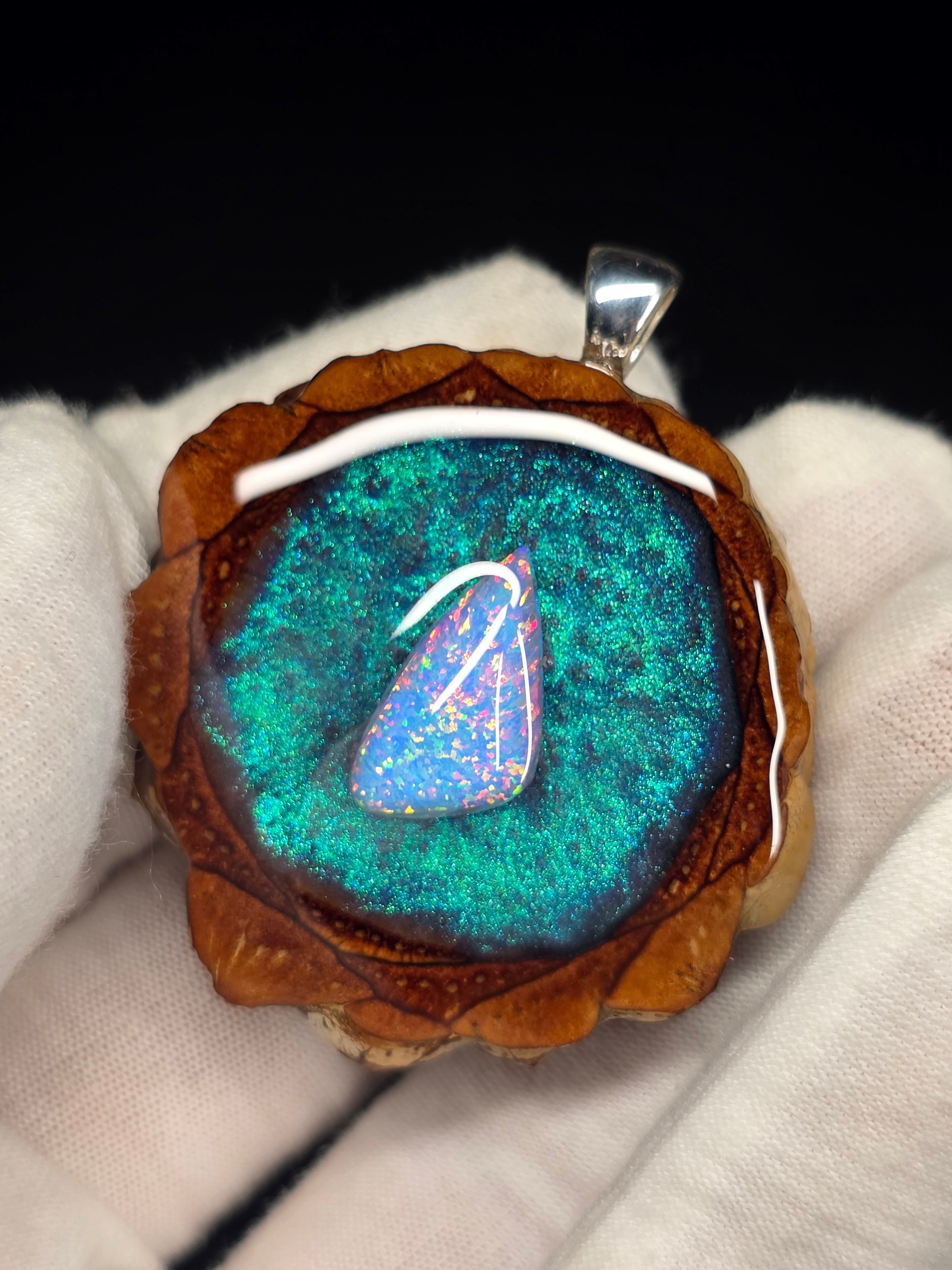 Medium Knobcone Pinecone W/ Bello Opal .925 Sterling Silver Bail
