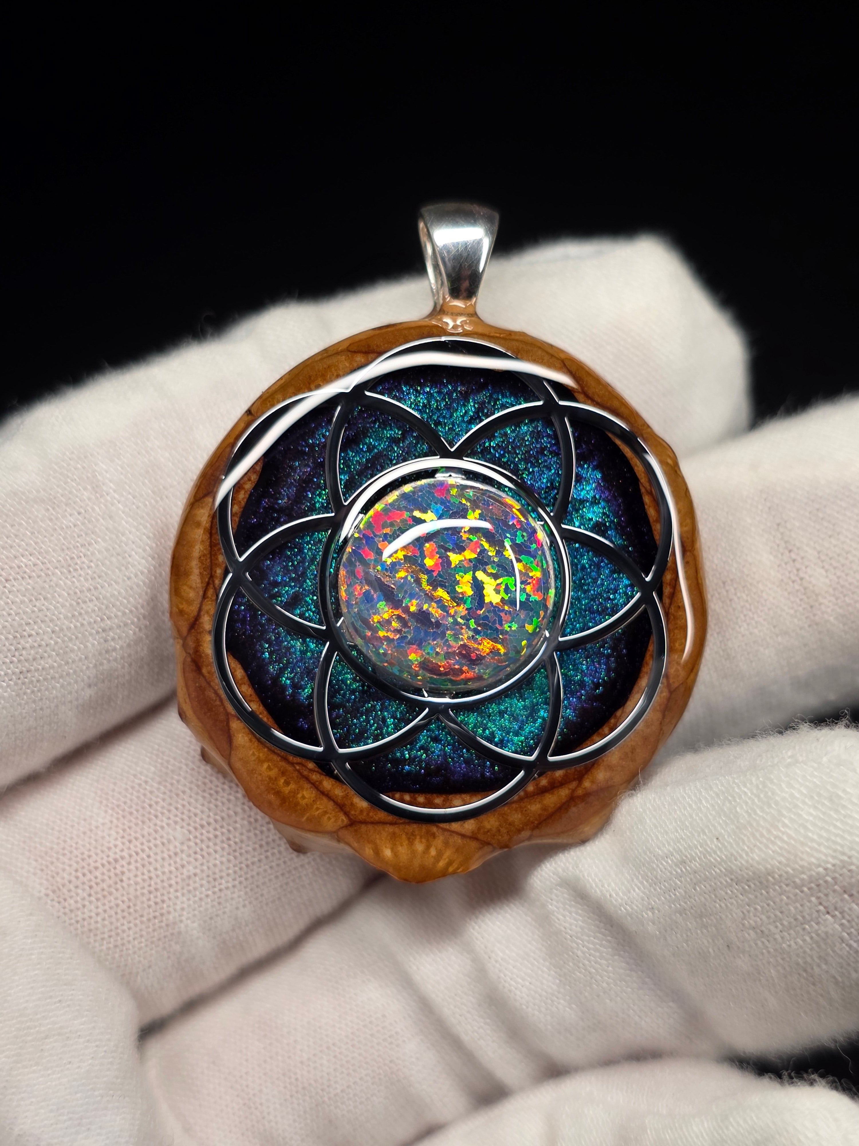 Medium Knobcone Pinecone Seed Of Life W/ Bello Opal .925 Sterling Silver Bail