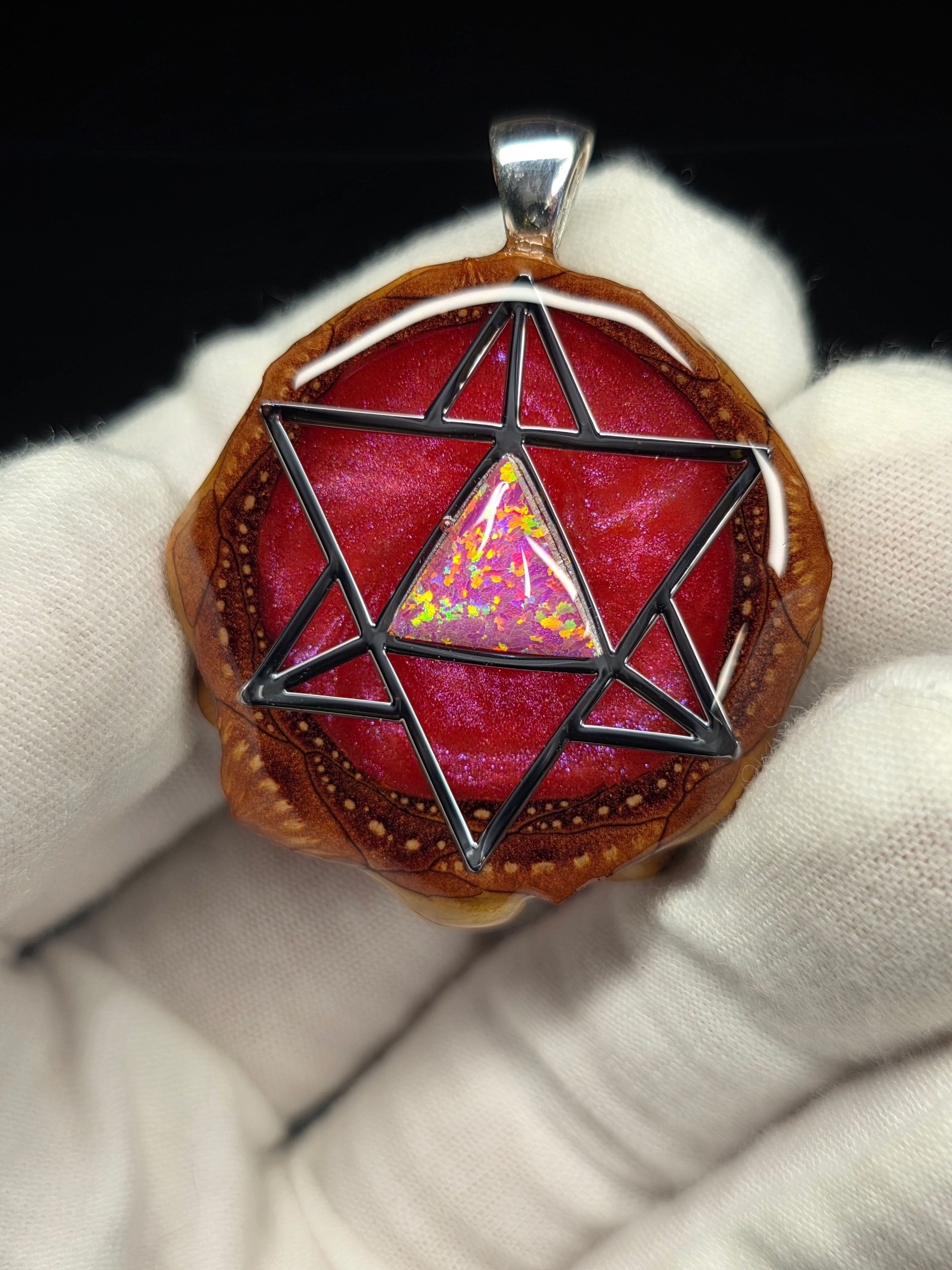 Medium Small Knobcone Pinecone Merkaba W/ Bello Opal & .925 Sterling Silver Bail