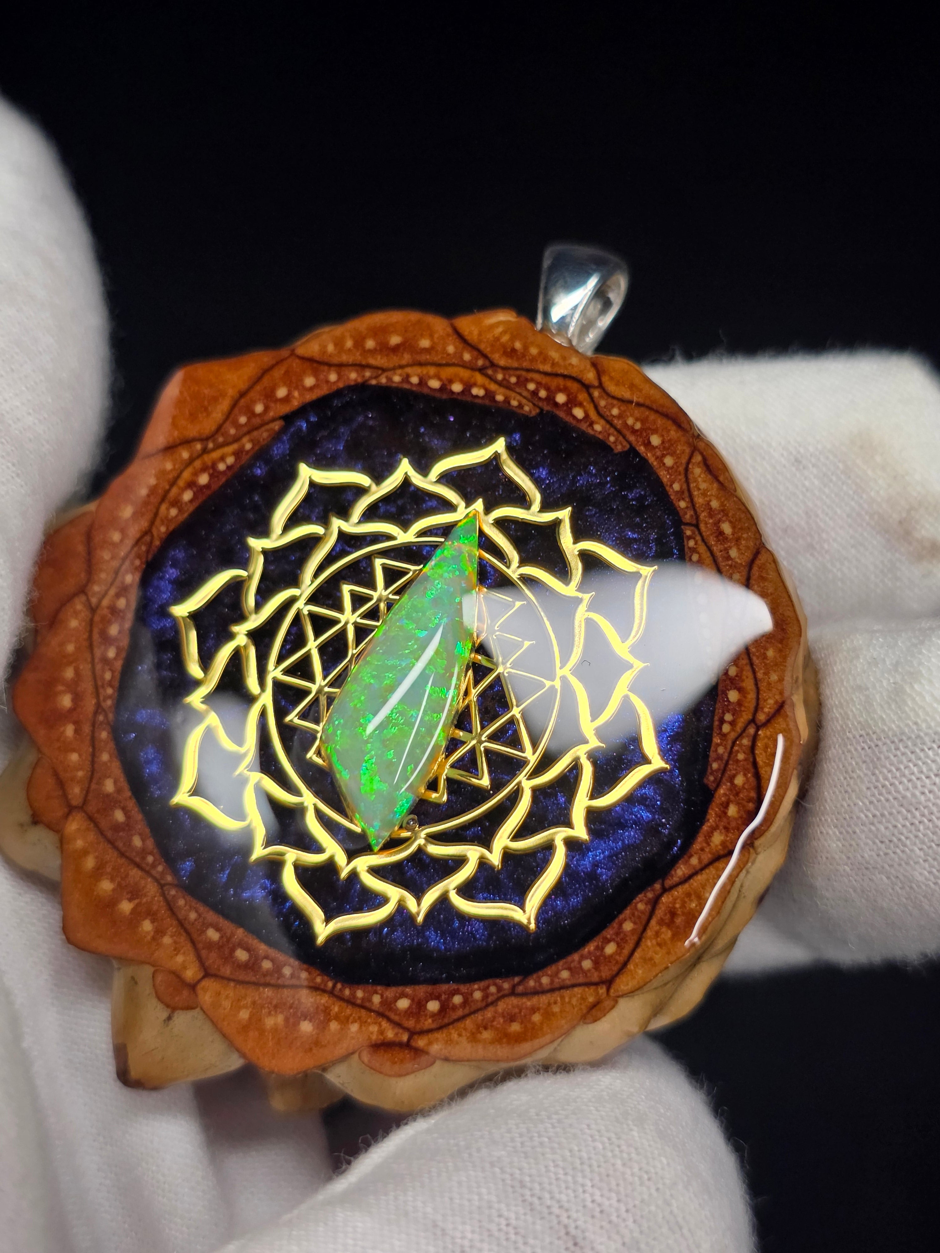 Large Knobcone Pinecone Sri Yantra Lotus  W/ Bello Opal .925 Sterling Silver Bail