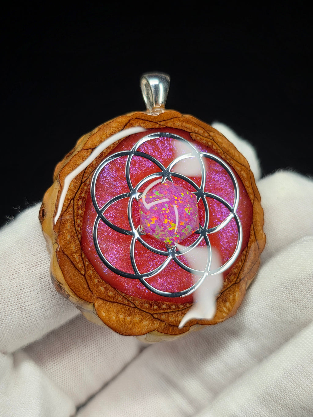 Large Knobcone Pinecone Seed Of Life W/ Bello Opal .925 Sterling Silver Bail