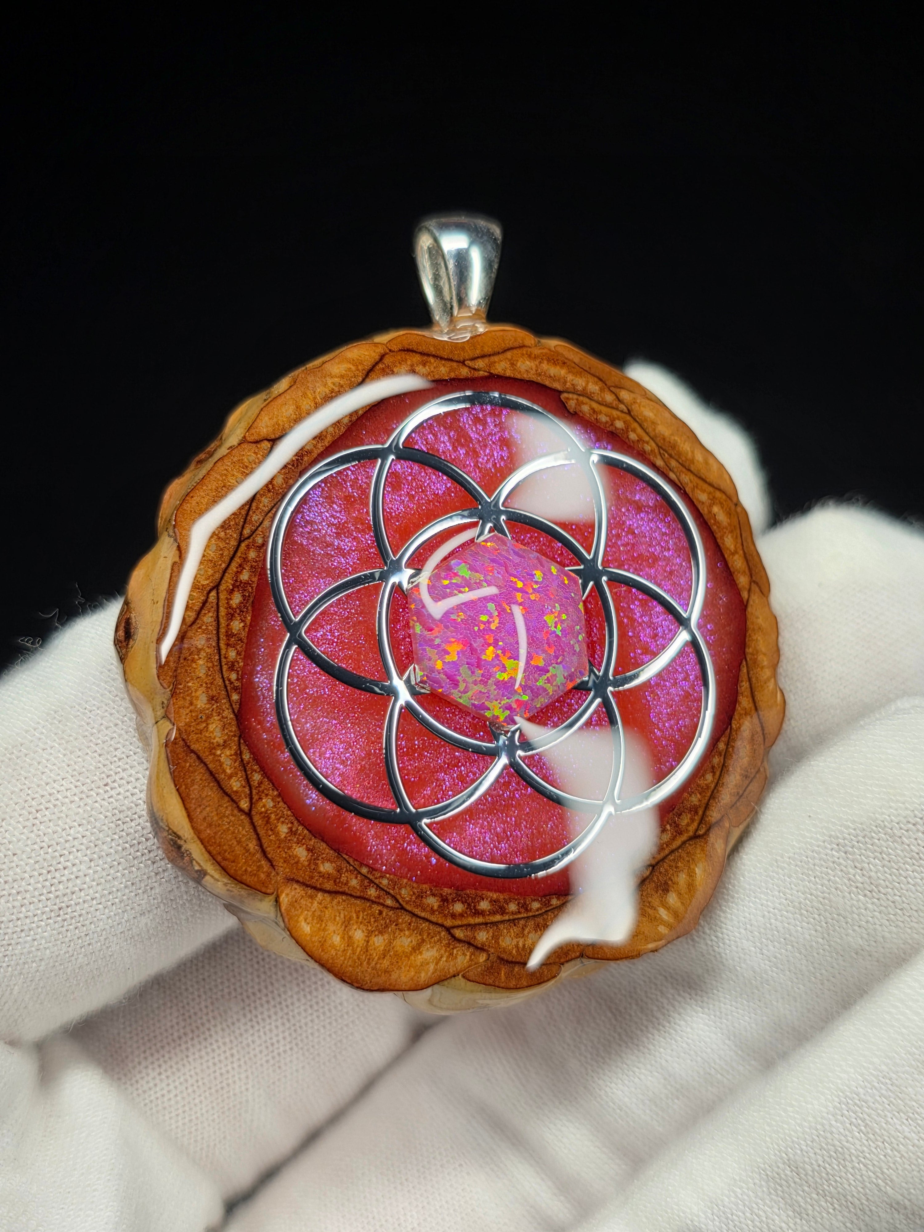 Large Knobcone Pinecone Seed Of Life W/ Bello Opal .925 Sterling Silver Bail