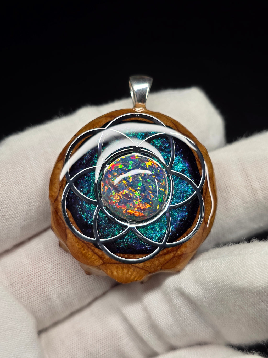 Medium Knobcone Pinecone Seed Of Life W/ Bello Opal .925 Sterling Silver Bail