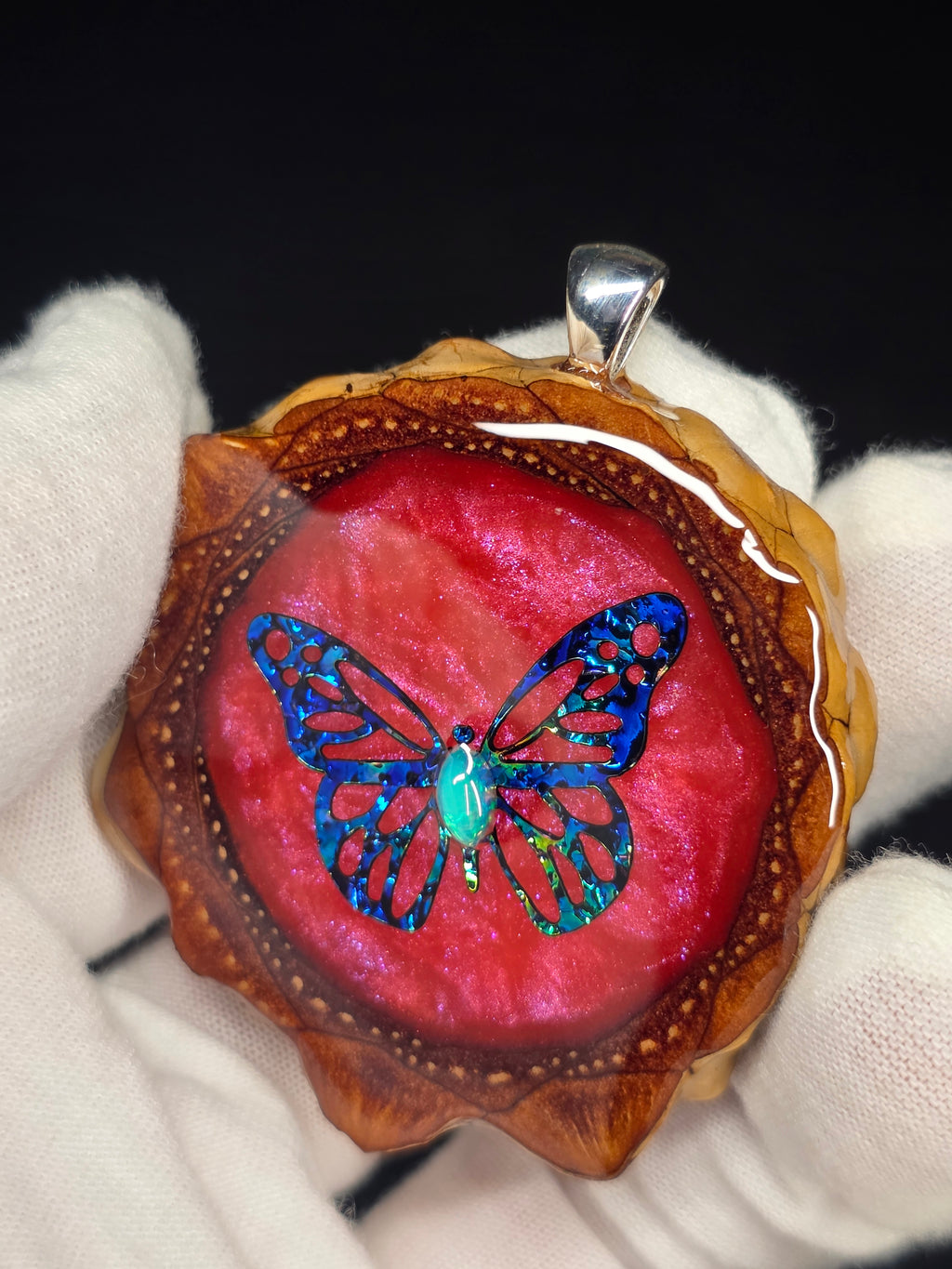 Large Knobcone Pinecone Butterfly W/ Ethiopian Opal .925 Sterling Silver Bail